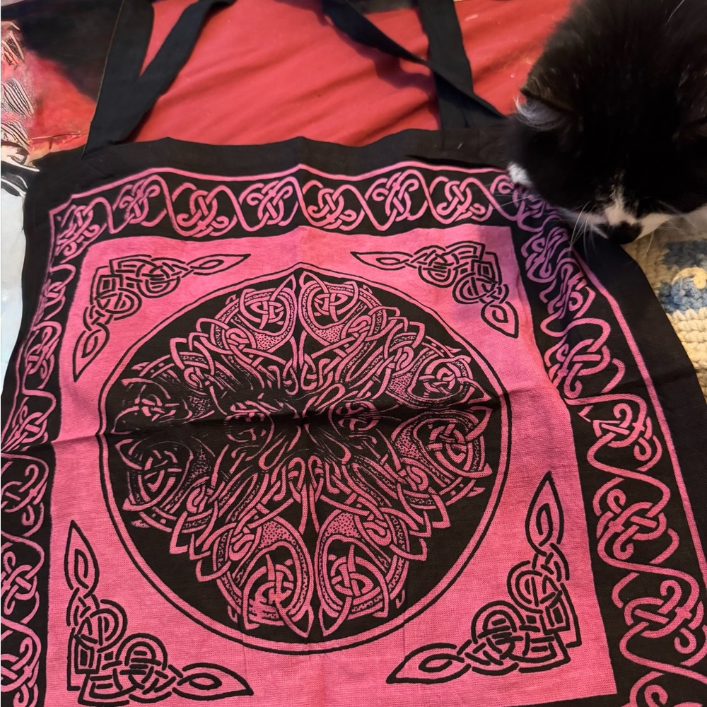 Celtic Knot Pink & Black Cotton Tote Bag Boho Festival Witchy Market Bag - Picture 3 of 6
